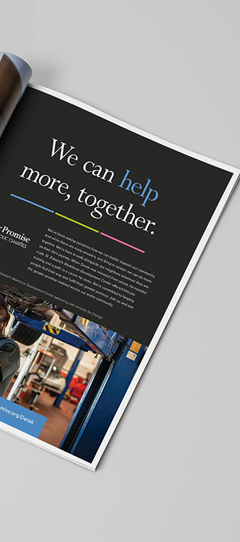 Photo of a booklet showing a full-page ad for Catholic Charities' A Greater Promise campaign.